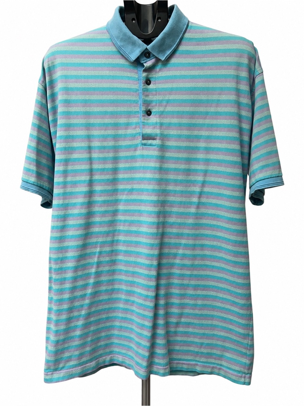 Men's Short-Sleeve Striped Polo in Aqua and Light Blue